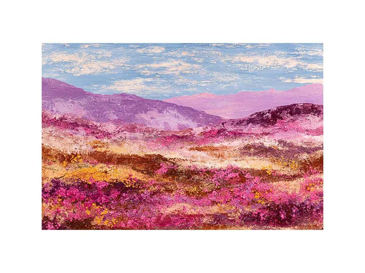 Impressionist pink mountain landscape with magenta wildflowers, golden meadows and lavender peaks for modern living room decor.