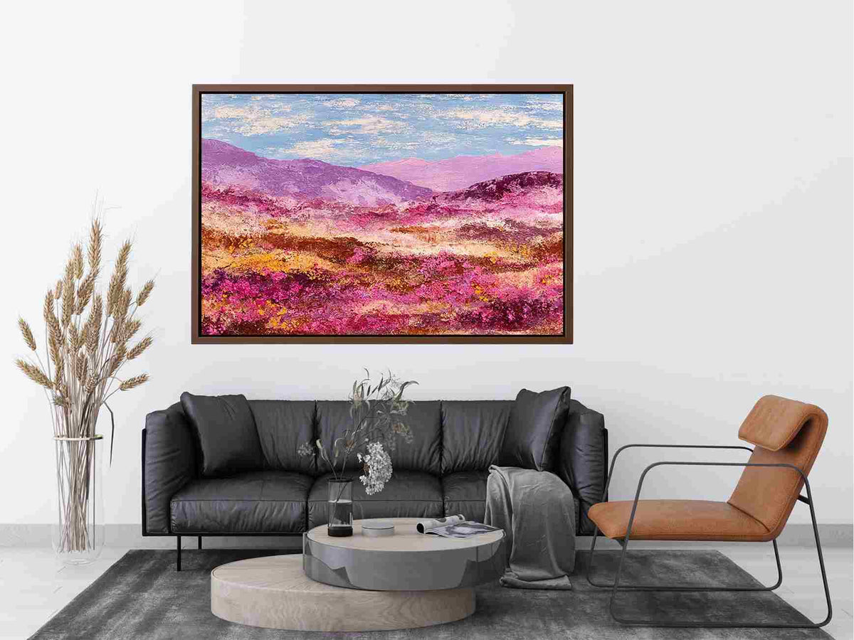 Impressionist pink mountain landscape with magenta wildflowers, golden meadows and lavender peaks for modern living room decor.