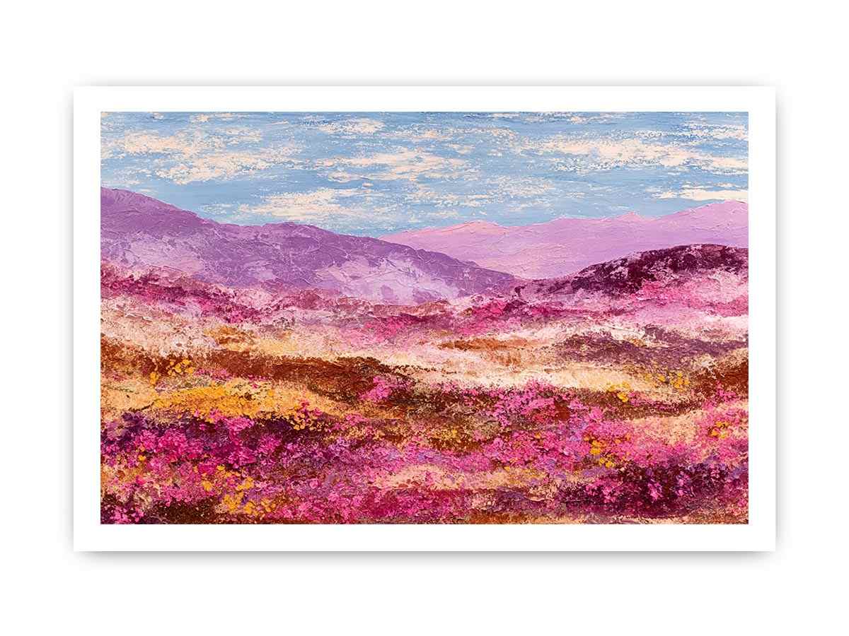 Impressionist pink mountain landscape with magenta wildflowers, golden meadows and lavender peaks for modern living room decor.