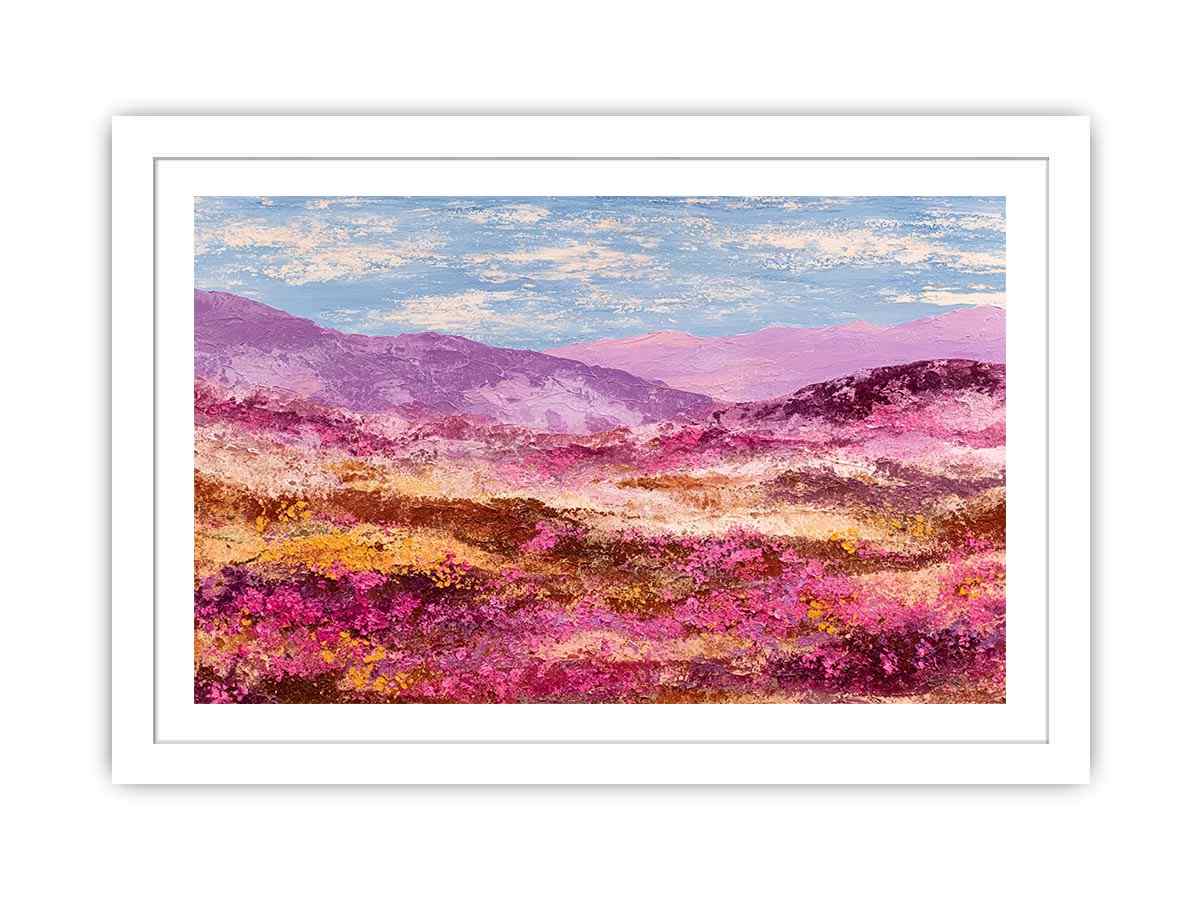 Impressionist pink mountain landscape with magenta wildflowers, golden meadows and lavender peaks for modern living room decor.