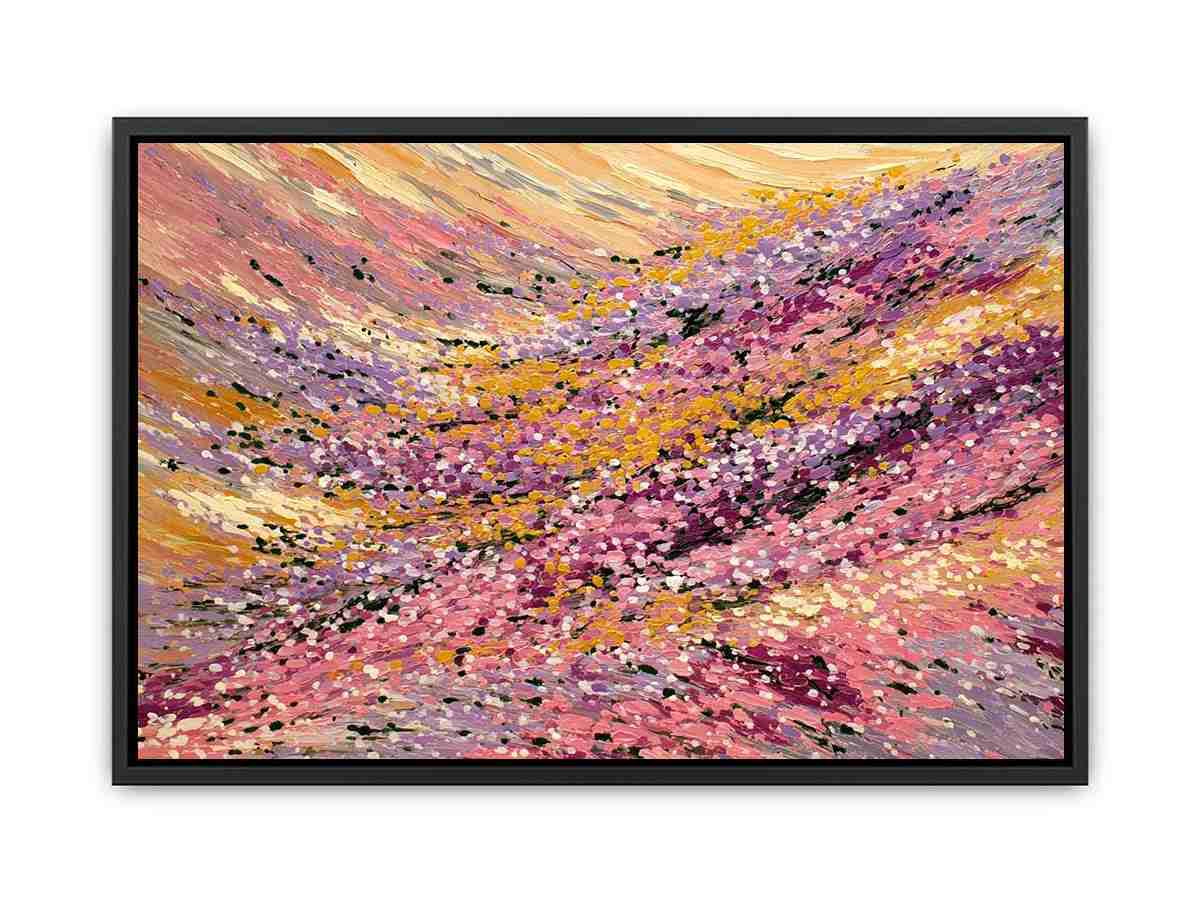 Abstract impressionist floral meadow painting with pink blossoms, golden yellow fields and lavender brushstrokes for living room decor.