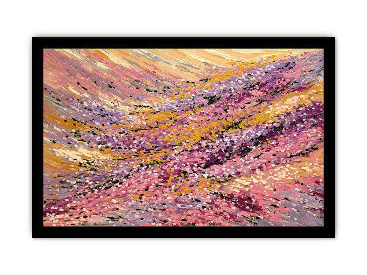 Abstract impressionist floral meadow painting with pink blossoms, golden yellow fields and lavender brushstrokes for living room decor.