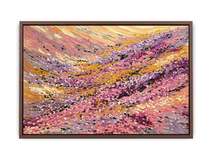Abstract impressionist floral meadow painting with pink blossoms, golden yellow fields and lavender brushstrokes for living room decor.