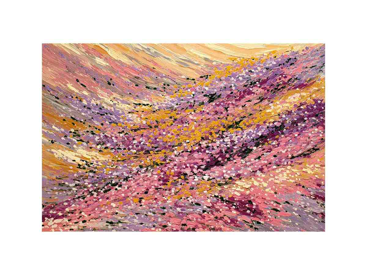 Abstract impressionist floral meadow painting with pink blossoms, golden yellow fields and lavender brushstrokes for living room decor.