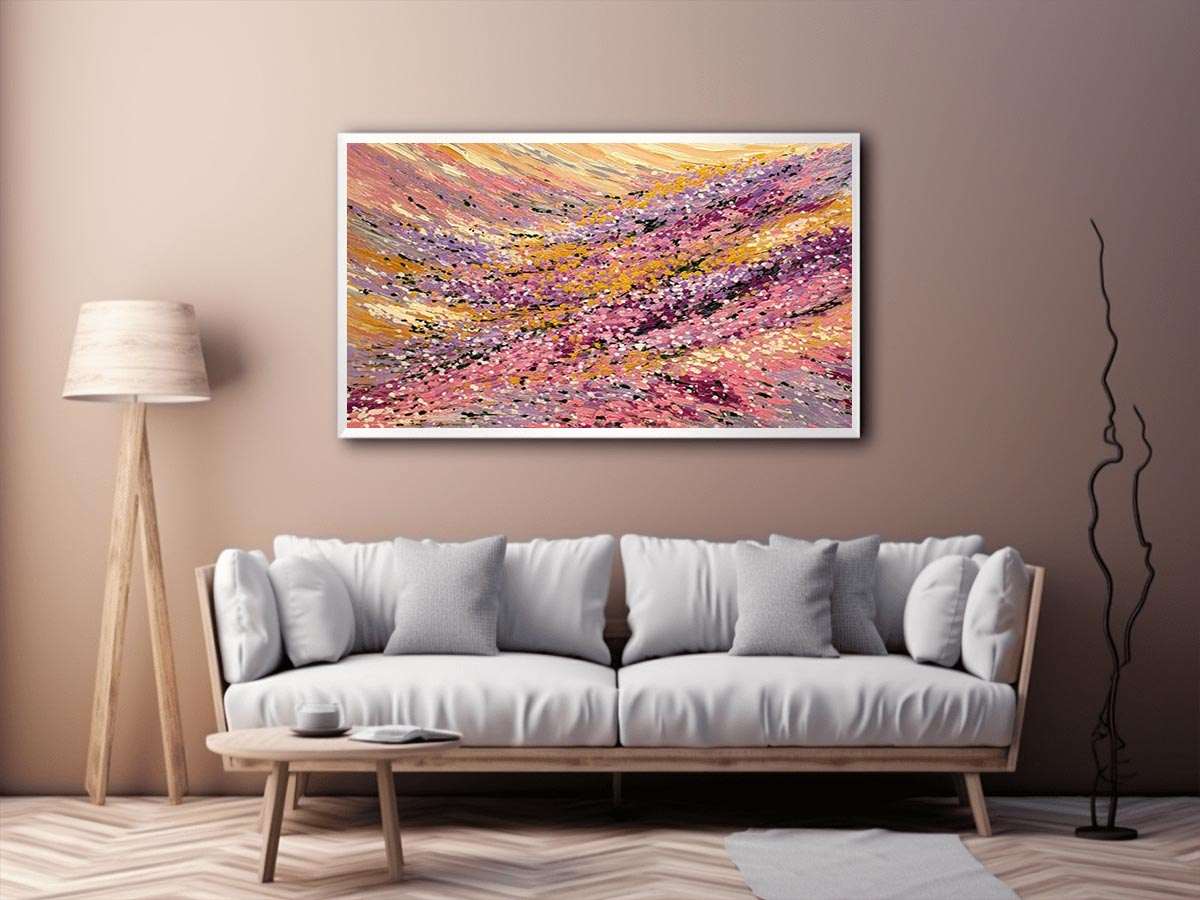 Abstract impressionist floral meadow painting with pink blossoms, golden yellow fields and lavender brushstrokes for living room decor.