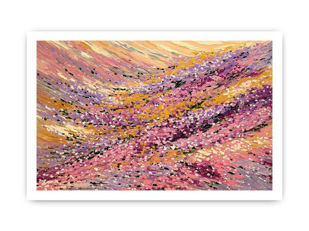 Abstract impressionist floral meadow painting with pink blossoms, golden yellow fields and lavender brushstrokes for living room decor.
