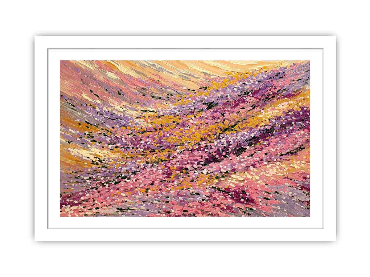 Abstract impressionist floral meadow painting with pink blossoms, golden yellow fields and lavender brushstrokes for living room decor.
