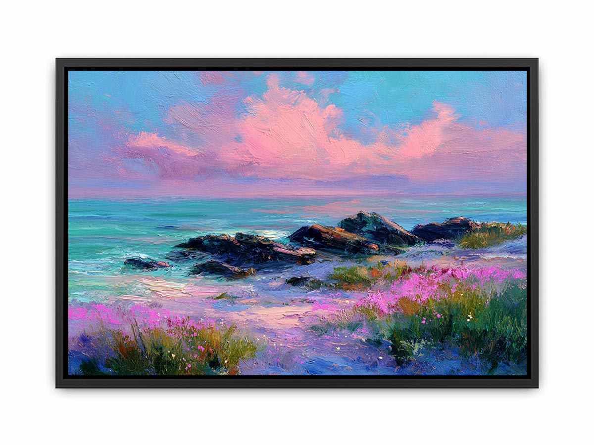 Impressionist coastal sunset painting with pink clouds, turquoise ocean, rocky shoreline and pink wildflowers for living room decor.