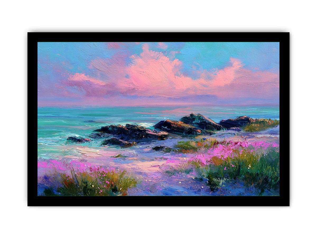 Impressionist coastal sunset painting with pink clouds, turquoise ocean, rocky shoreline and pink wildflowers for living room decor.