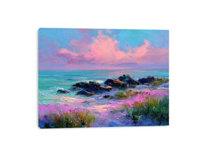 Impressionist coastal sunset painting with pink clouds, turquoise ocean, rocky shoreline and pink wildflowers for living room decor.