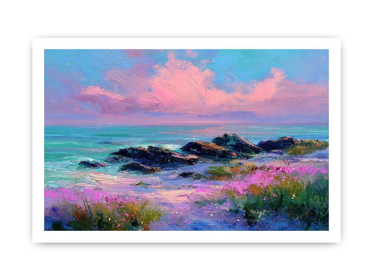 Impressionist coastal sunset painting with pink clouds, turquoise ocean, rocky shoreline and pink wildflowers for living room decor.