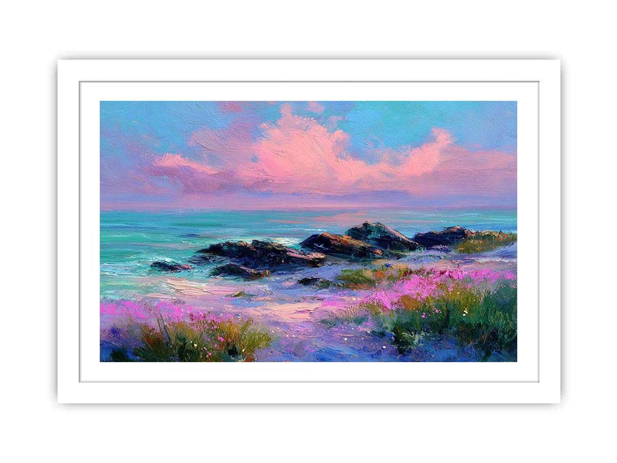 Impressionist coastal sunset painting with pink clouds, turquoise ocean, rocky shoreline and pink wildflowers for living room decor.
