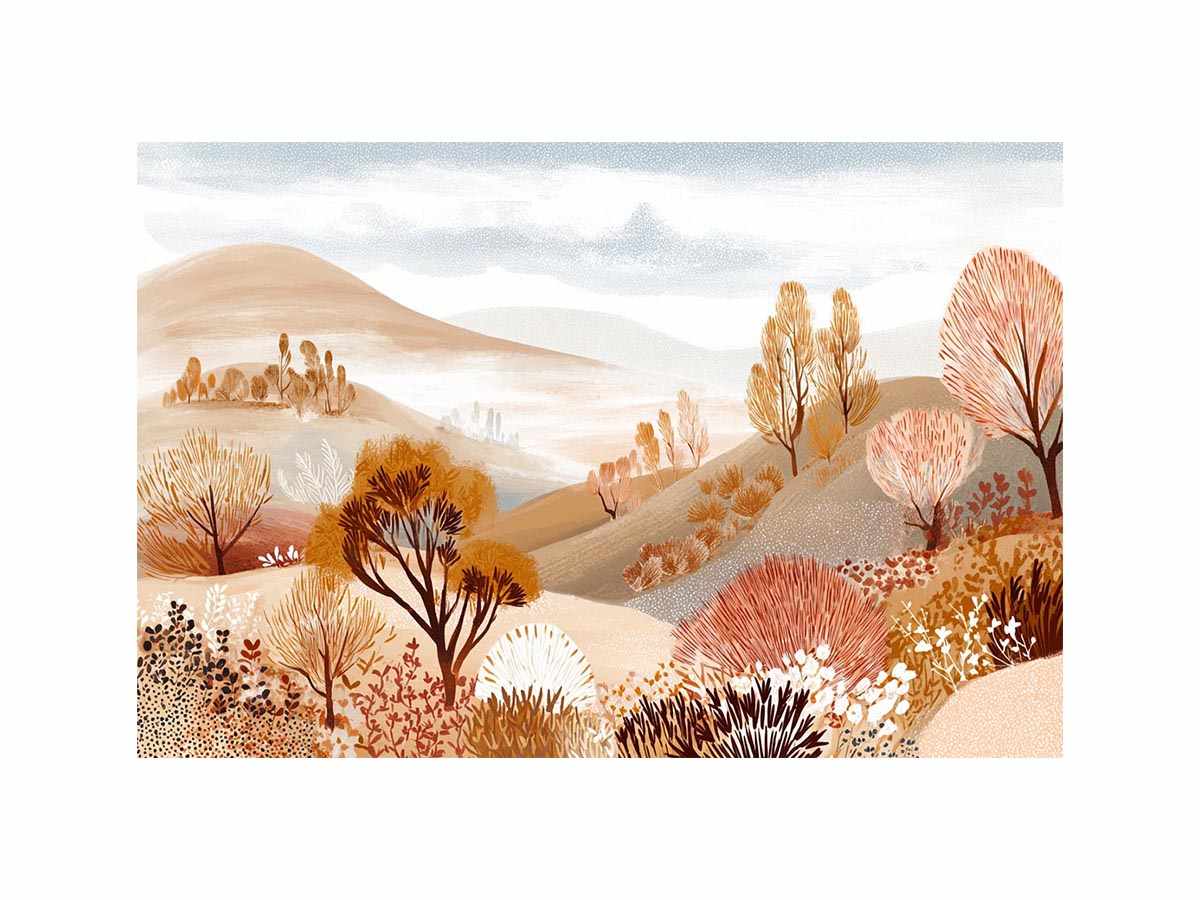 Neutral autumn landscape illustration with rolling beige hills, golden trees and rust foliage for modern living room decor.
