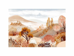 Neutral autumn landscape illustration with rolling beige hills, golden trees and rust foliage for modern living room decor.