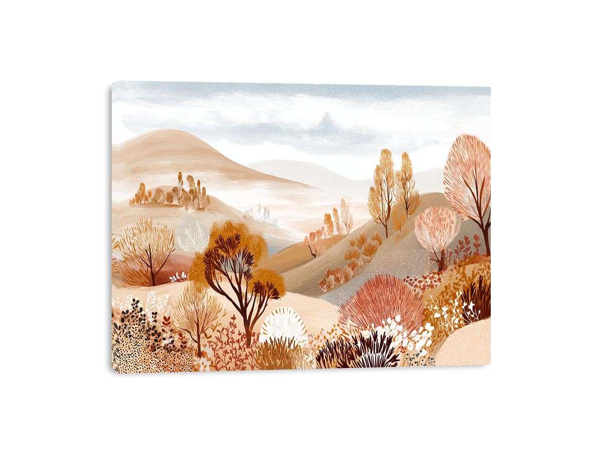Neutral autumn landscape illustration with rolling beige hills, golden trees and rust foliage for modern living room decor.