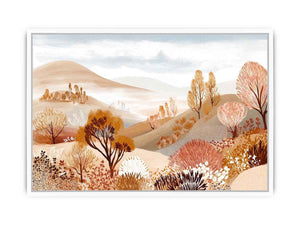 Neutral autumn landscape illustration with rolling beige hills, golden trees and rust foliage for modern living room decor.