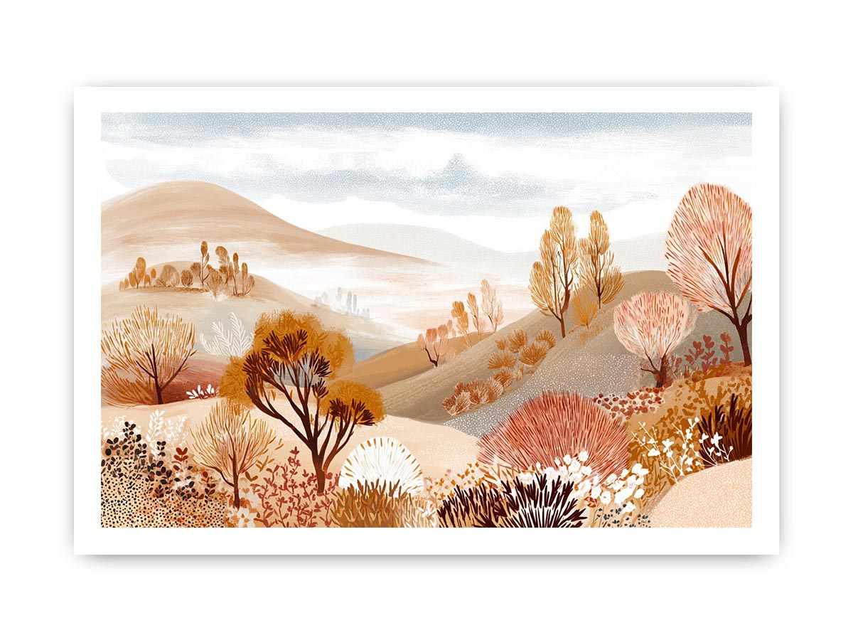 Neutral autumn landscape illustration with rolling beige hills, golden trees and rust foliage for modern living room decor.