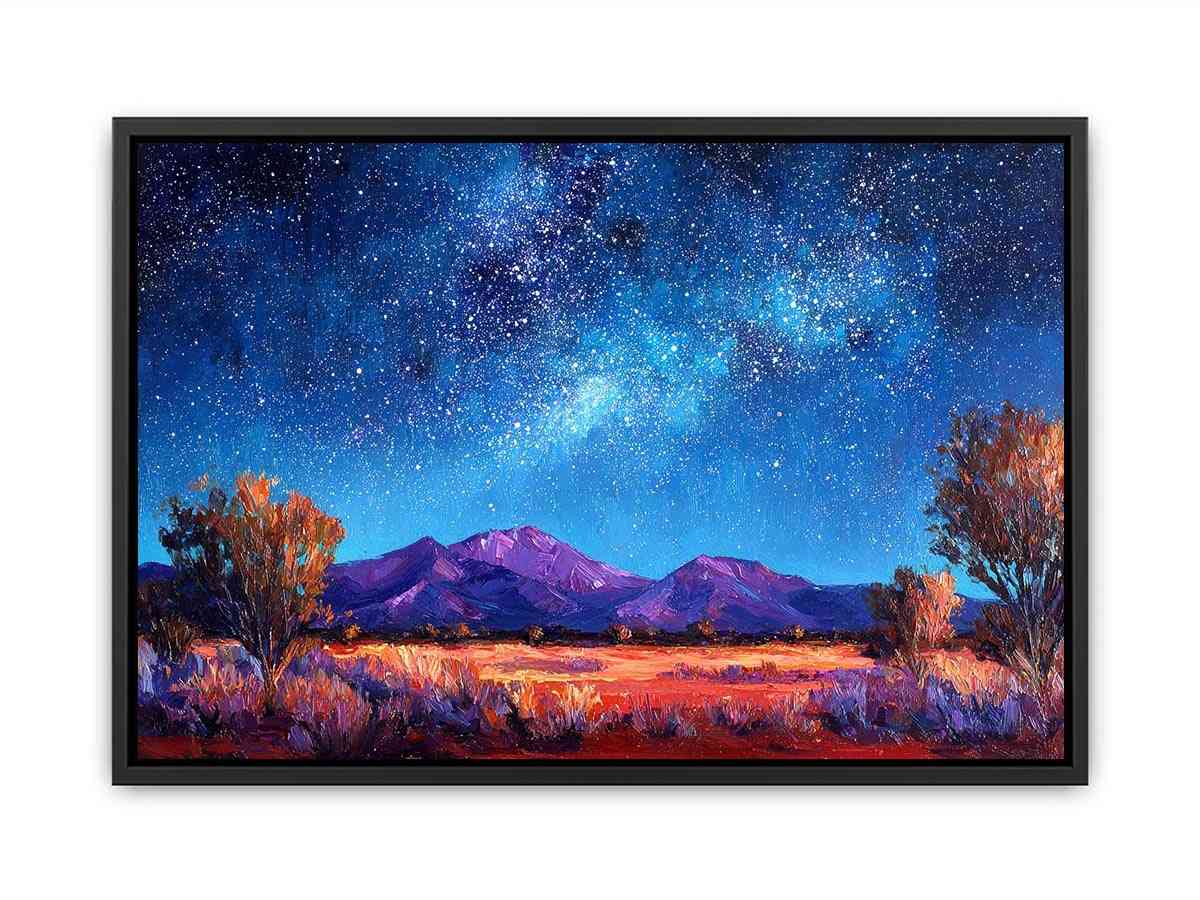 Impressionist Milky Way painting with star-filled blue night sky, purple mountains and golden desert grasses for living room decor.