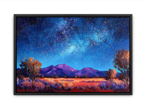 Impressionist Milky Way painting with star-filled blue night sky, purple mountains and golden desert grasses for living room decor.