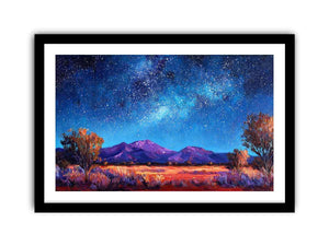 Impressionist Milky Way painting with star-filled blue night sky, purple mountains and golden desert grasses for living room decor.