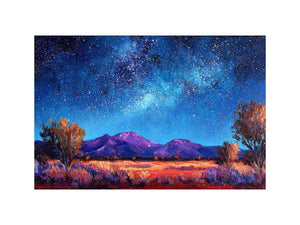 Impressionist Milky Way painting with star-filled blue night sky, purple mountains and golden desert grasses for living room decor.