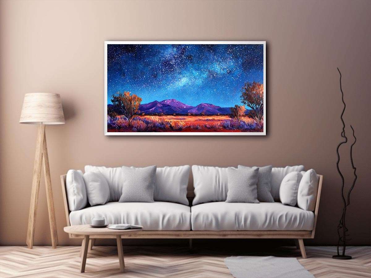 Impressionist Milky Way painting with star-filled blue night sky, purple mountains and golden desert grasses for living room decor.