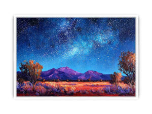 Impressionist Milky Way painting with star-filled blue night sky, purple mountains and golden desert grasses for living room decor.
