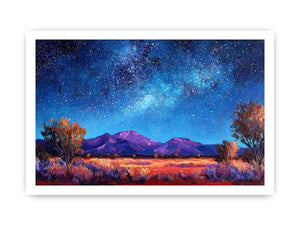 Impressionist Milky Way painting with star-filled blue night sky, purple mountains and golden desert grasses for living room decor.