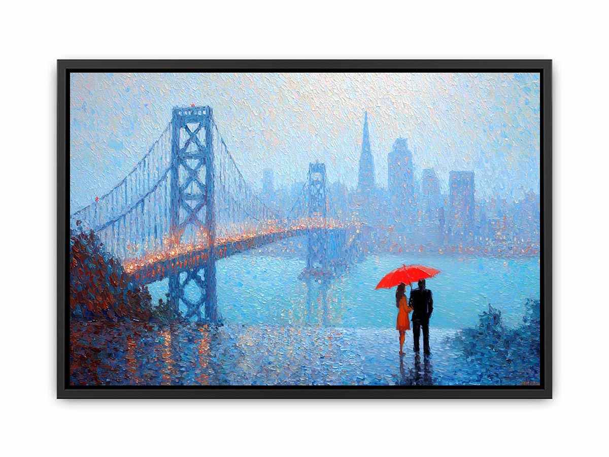 Impressionist San Francisco Bay Bridge painting with a couple beneath a red umbrella, misty skyline and rainy blue waterfront.
