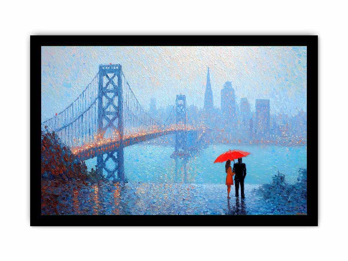 Impressionist San Francisco Bay Bridge painting with a couple beneath a red umbrella, misty skyline and rainy blue waterfront.