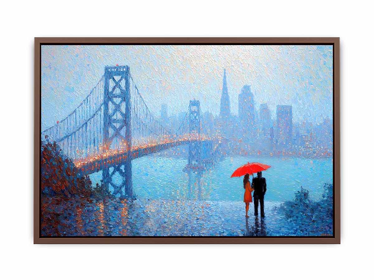 Impressionist San Francisco Bay Bridge painting with a couple beneath a red umbrella, misty skyline and rainy blue waterfront.
