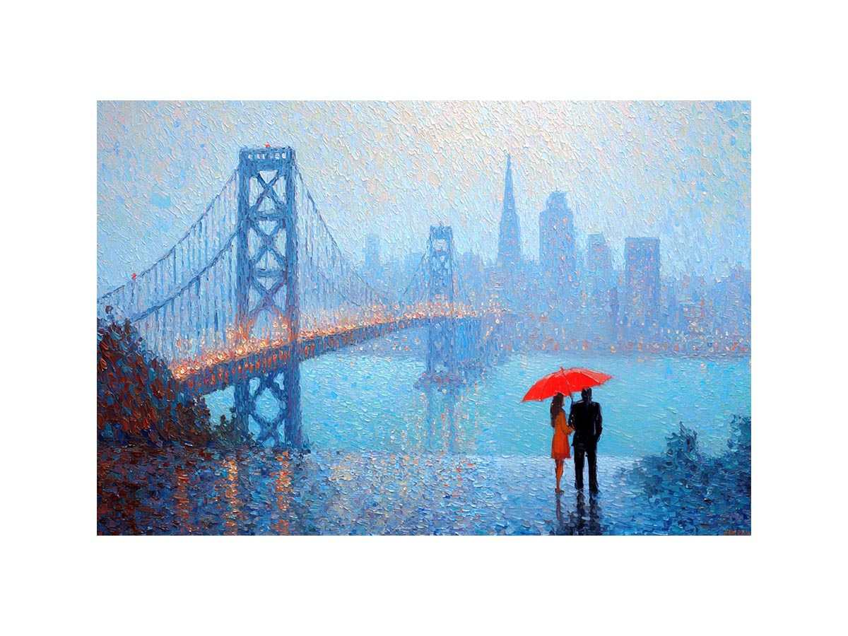 Impressionist San Francisco Bay Bridge painting with a couple beneath a red umbrella, misty skyline and rainy blue waterfront.