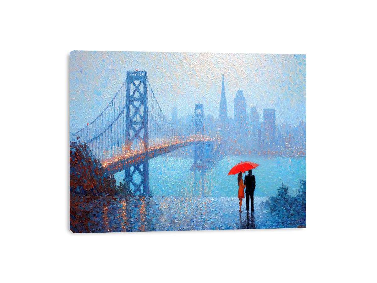 Impressionist San Francisco Bay Bridge painting with a couple beneath a red umbrella, misty skyline and rainy blue waterfront.