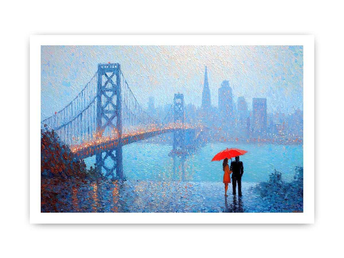 Impressionist San Francisco Bay Bridge painting with a couple beneath a red umbrella, misty skyline and rainy blue waterfront.