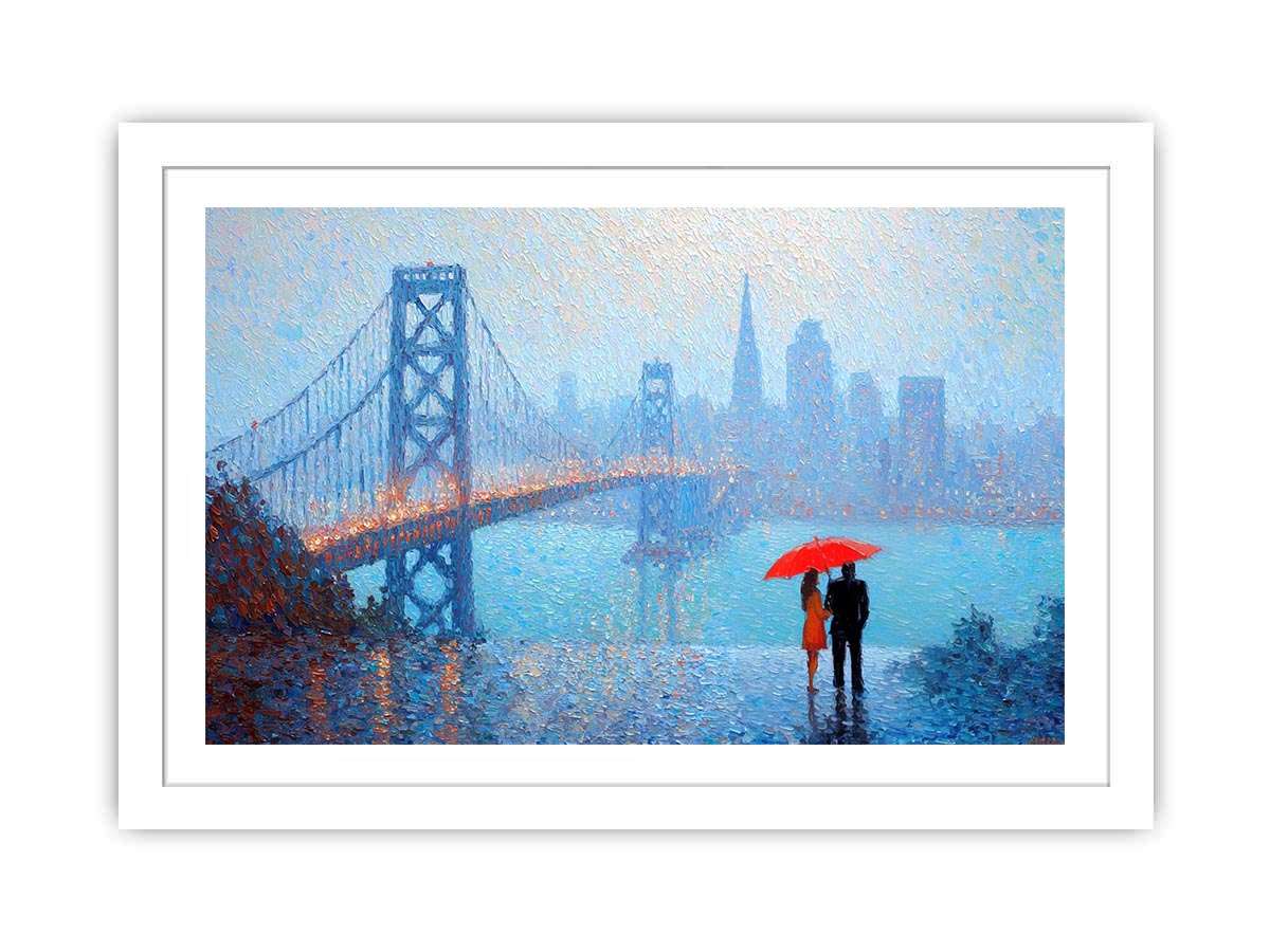 Impressionist San Francisco Bay Bridge painting with a couple beneath a red umbrella, misty skyline and rainy blue waterfront.