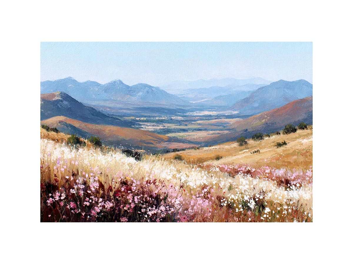 Impressionist mountain valley painting with golden grasslands, pink and white wildflowers, and distant blue peaks for living room decor.