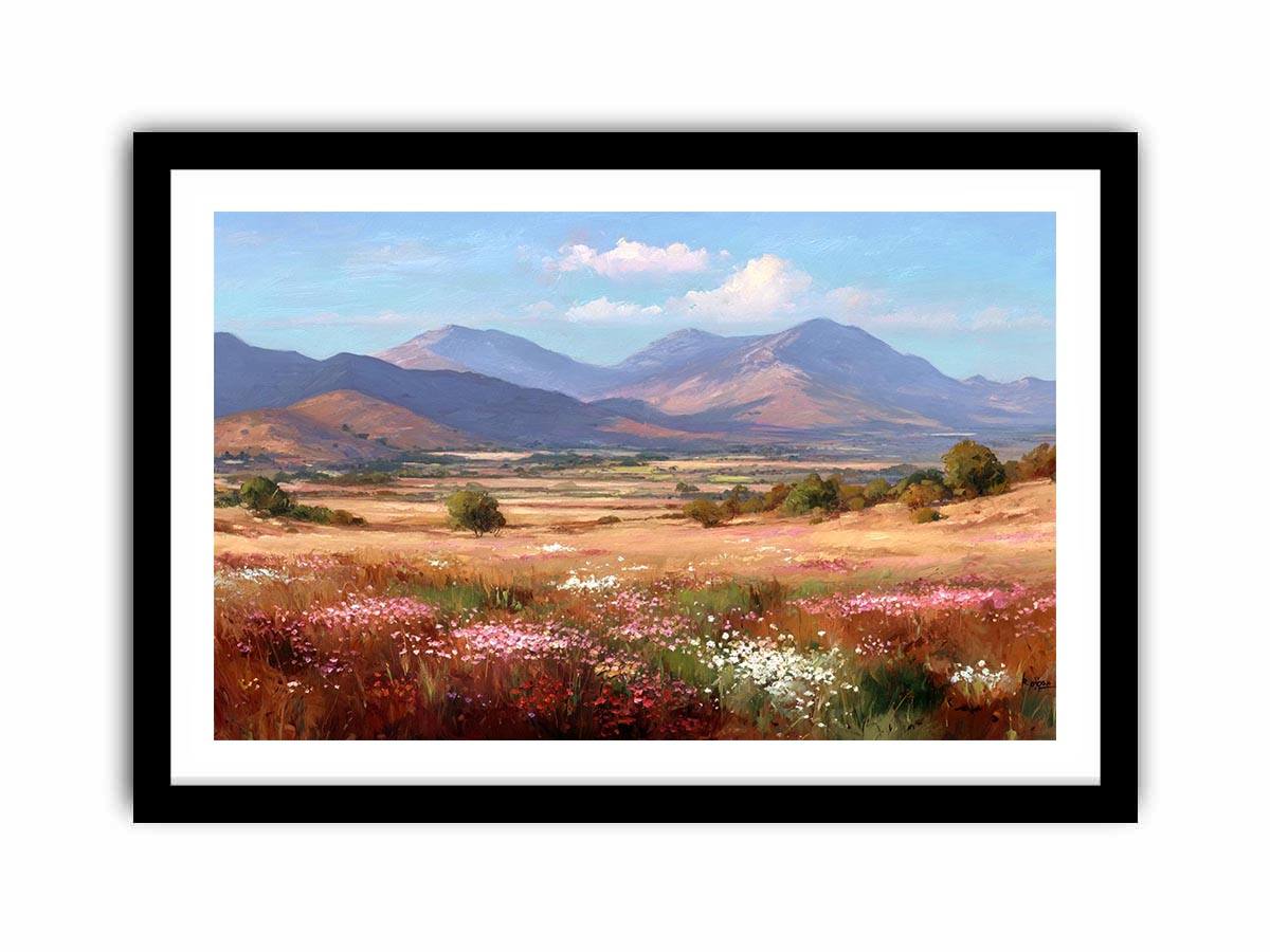 Impressionist mountain valley painting with golden meadows, pink and white wildflowers, scattered trees and blue peaks.