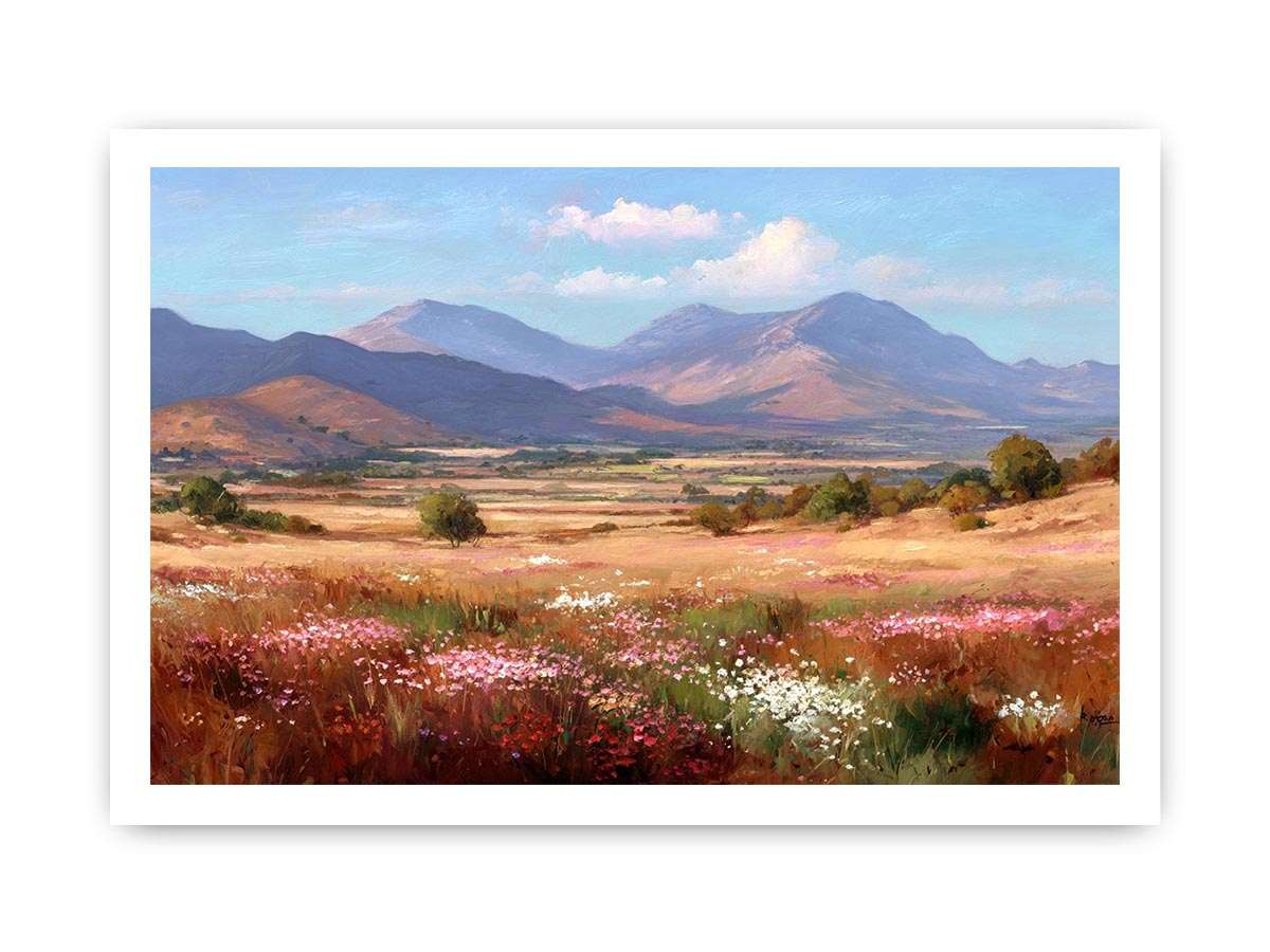Impressionist mountain valley painting with golden meadows, pink and white wildflowers, scattered trees and blue peaks.