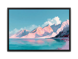 Pastel alpine landscape painting with pink snow-covered mountains, turquoise lake and blue sky for modern bedroom decor.