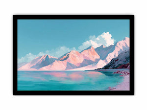 Pastel alpine landscape painting with pink snow-covered mountains, turquoise lake and blue sky for modern bedroom decor.