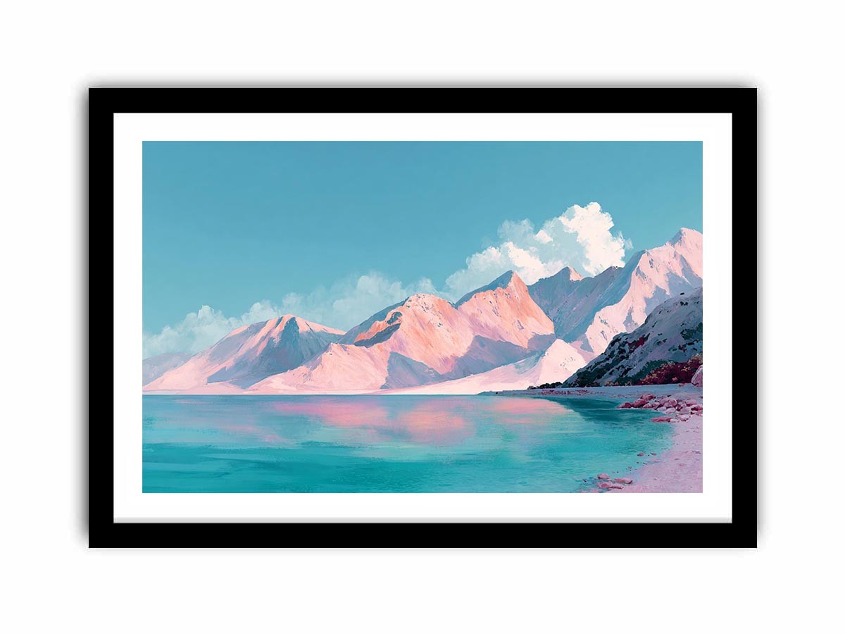 Pastel alpine landscape painting with pink snow-covered mountains, turquoise lake and blue sky for modern bedroom decor.