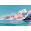 Pastel alpine landscape painting with pink snow-covered mountains, turquoise lake and blue sky for modern bedroom decor.