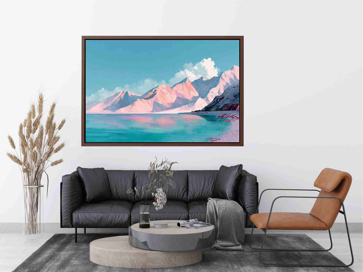 Pastel alpine landscape painting with pink snow-covered mountains, turquoise lake and blue sky for modern bedroom decor.
