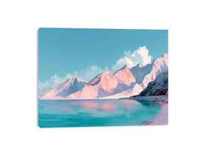 Pastel alpine landscape painting with pink snow-covered mountains, turquoise lake and blue sky for modern bedroom decor.