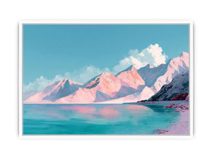 Pastel alpine landscape painting with pink snow-covered mountains, turquoise lake and blue sky for modern bedroom decor.