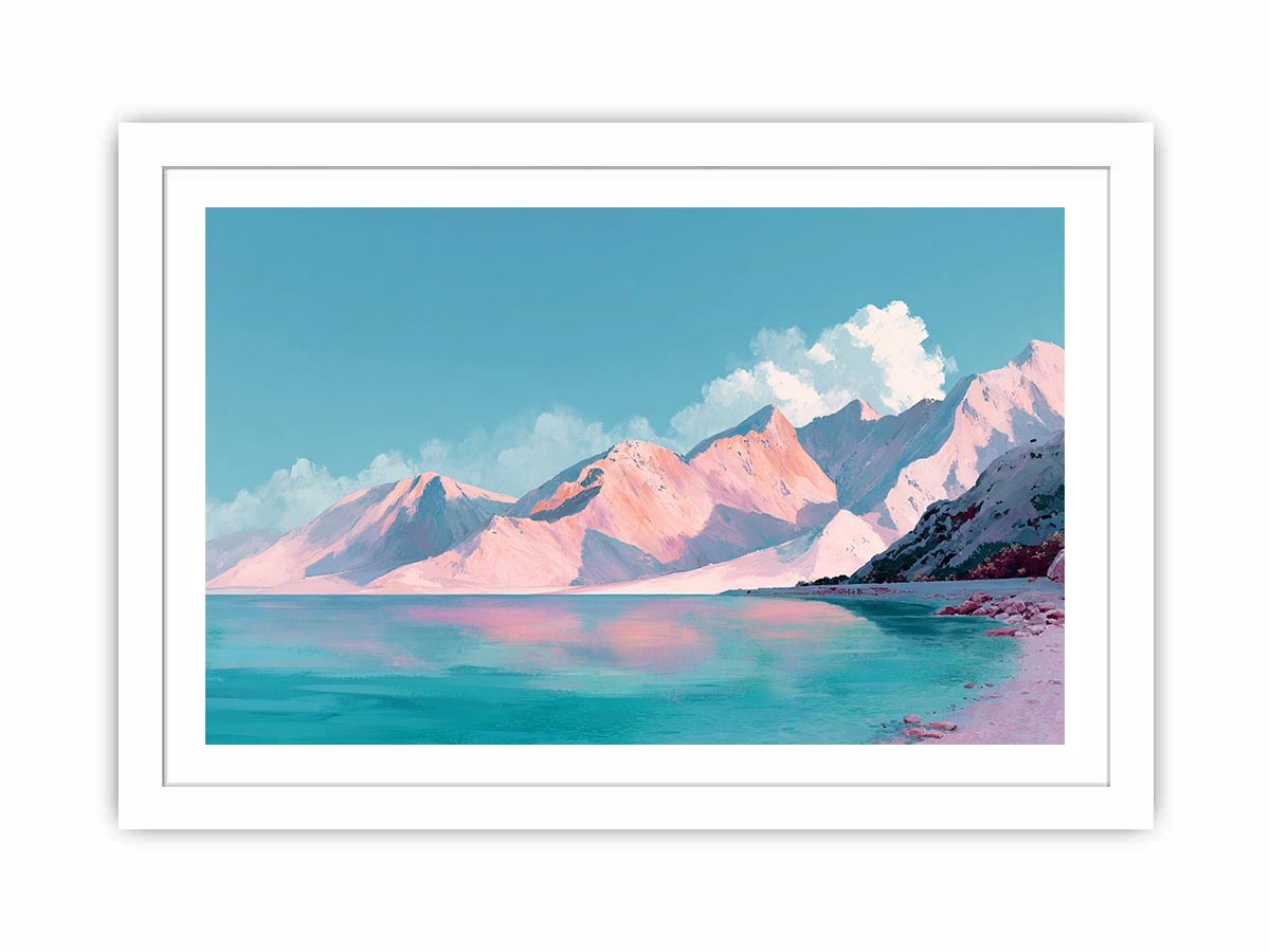 Pastel alpine landscape painting with pink snow-covered mountains, turquoise lake and blue sky for modern bedroom decor.