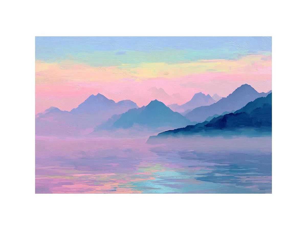 Dreamy pastel mountain lake painting with layered blue peaks, pink sunset sky and lavender water reflections for bedroom decor.