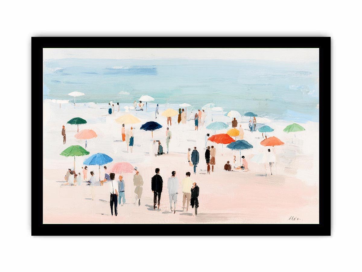 Impressionist beach scene with colorful umbrellas, people strolling on pale sand and calm turquoise ocean for living room decor.