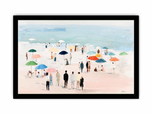 Impressionist beach scene with colorful umbrellas, people strolling on pale sand and calm turquoise ocean for living room decor.