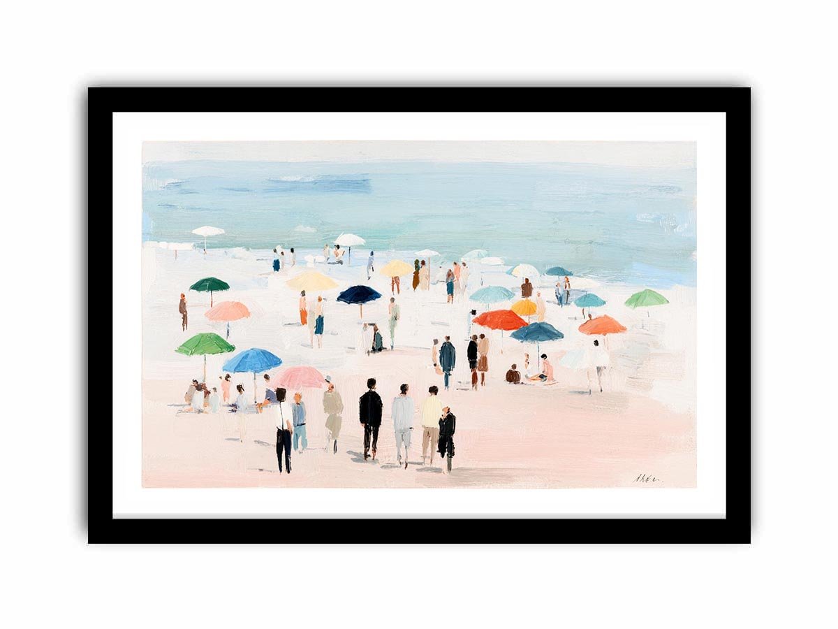 Impressionist beach scene with colorful umbrellas, people strolling on pale sand and calm turquoise ocean for living room decor.